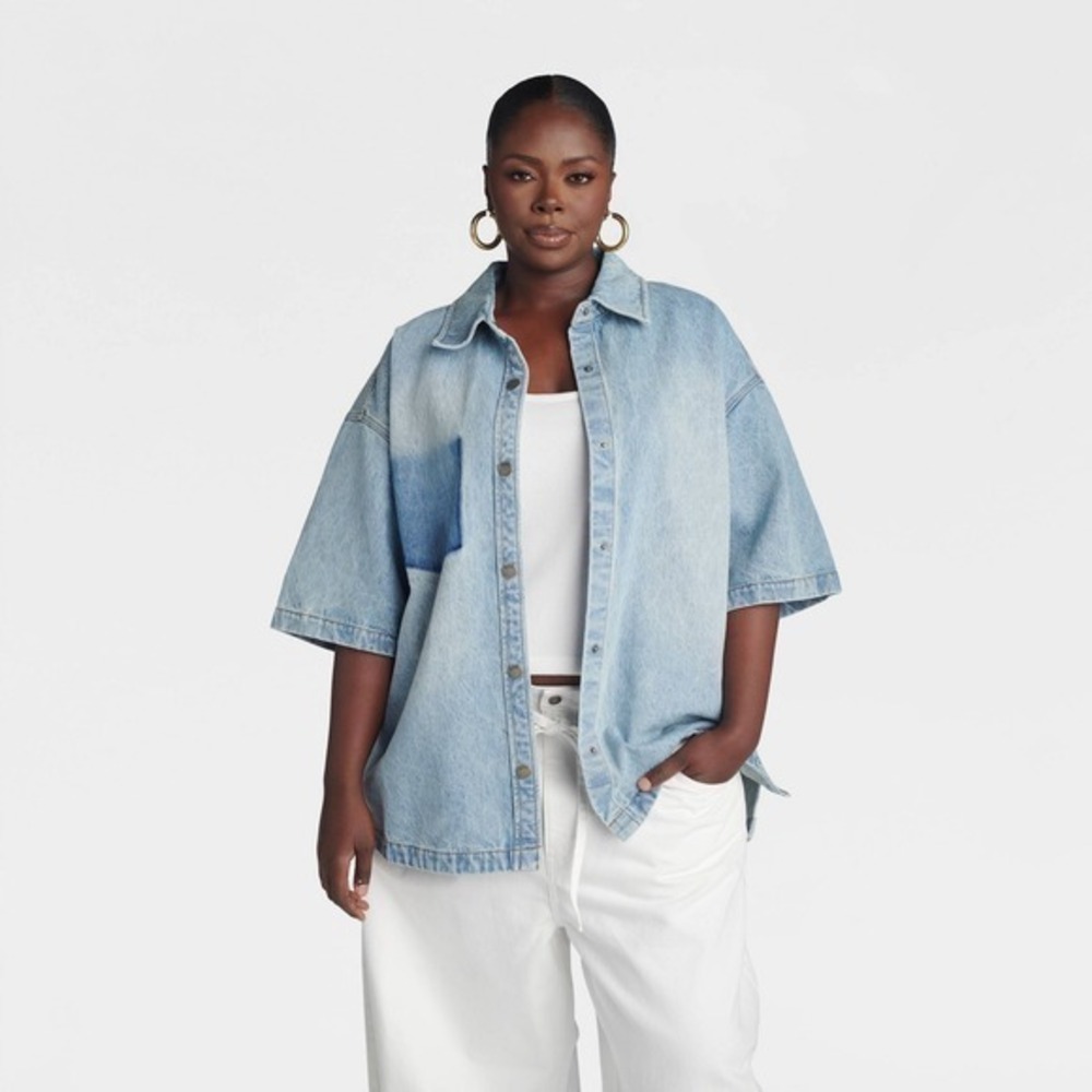 KBB KAHLANA Target 2X Plus Short Sleeve Boxy Denim Shirt Light Wash Jean Jacket